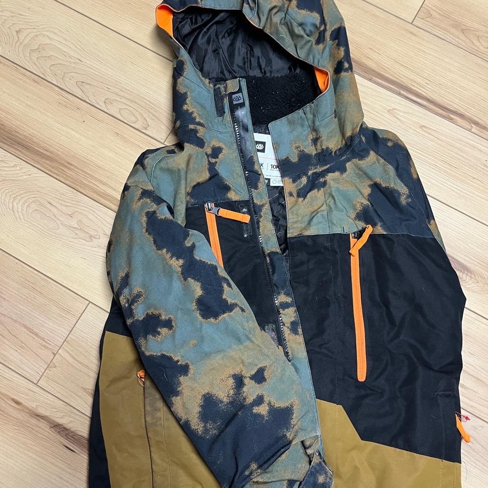 686 Kids Puffer Jacket - Black, Olive, and Tan with Orange Accents